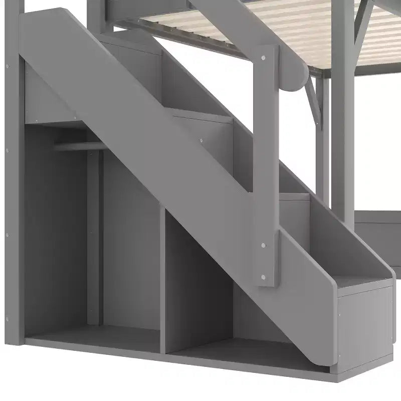 Loft Bed with Built-in Wardrobe and Storage Space,Solid Wood Loft Bed Frame with Beside Shelves, Full-length Guardrail and Stair,