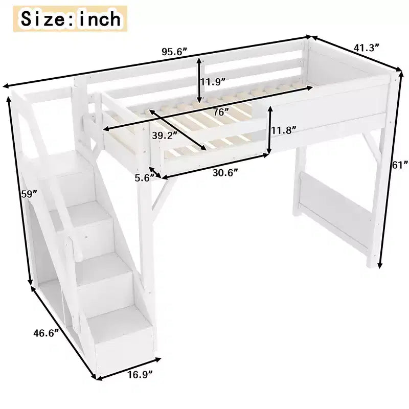 Loft Bed with Built-in Wardrobe and Storage Space,Solid Wood Loft Bed Frame with Beside Shelves, Full-length Guardrail and Stair,