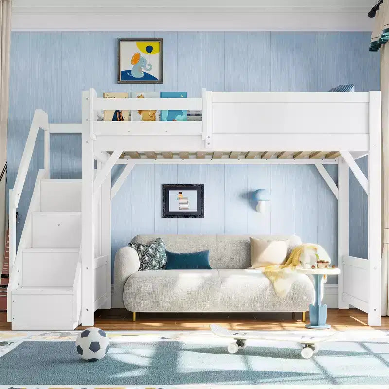 Loft Bed with Built-in Wardrobe and Storage Space,Solid Wood Loft Bed Frame with Beside Shelves, Full-length Guardrail and Stair,