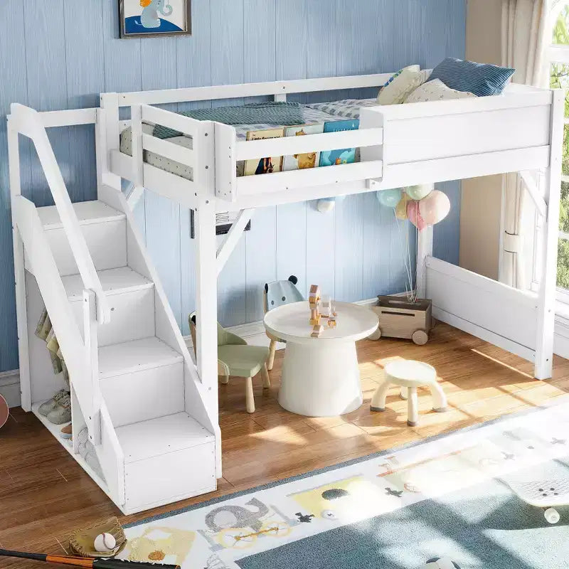 Loft Bed with Built-in Wardrobe and Storage Space,Solid Wood Loft Bed Frame with Beside Shelves, Full-length Guardrail and Stair,