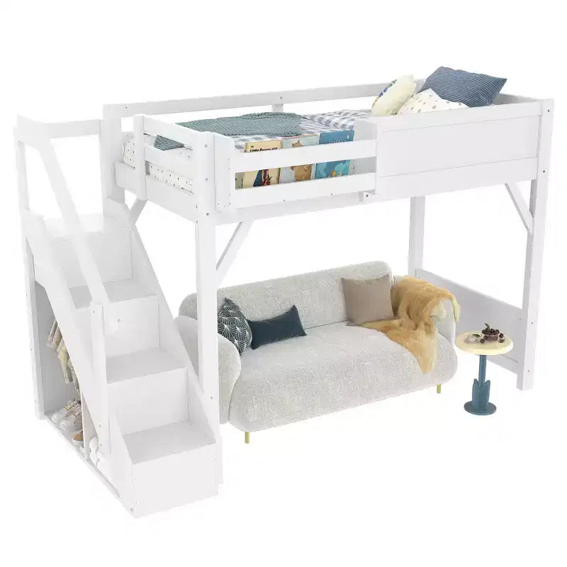 Loft Bed with Built-in Wardrobe and Storage Space,Solid Wood Loft Bed Frame with Beside Shelves, Full-length Guardrail and Stair,