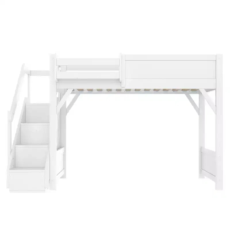 Loft Bed with Built-in Wardrobe and Storage Space,Solid Wood Loft Bed Frame with Beside Shelves, Full-length Guardrail and Stair,