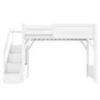 Letto a soppalco con armadio e spazio contenitivo integrati, struttura letto a soppalco in legno massello con mensole laterali, ringhiera a tutta lunghezza e scala.