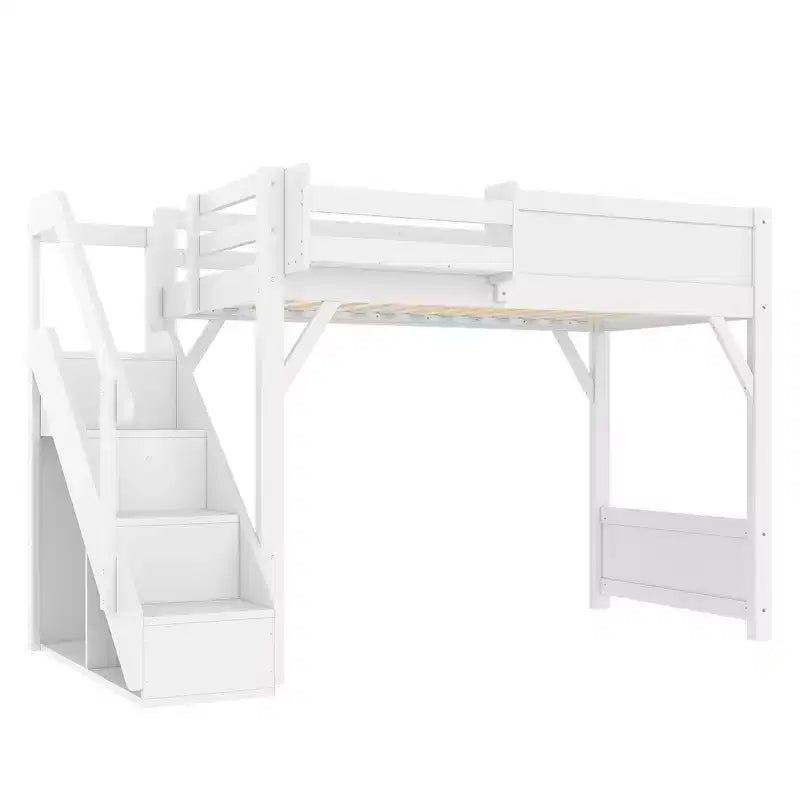Loft Bed with Built-in Wardrobe and Storage Space,Solid Wood Loft Bed Frame with Beside Shelves, Full-length Guardrail and Stair,