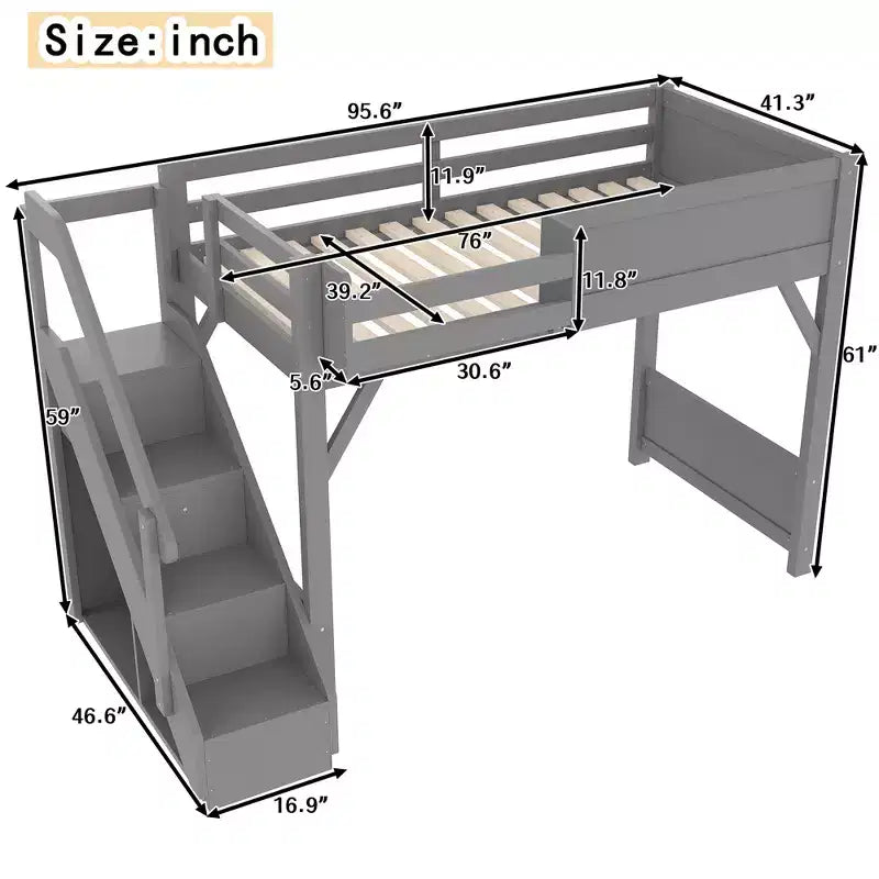 Loft Bed with Built-in Wardrobe and Storage Space,Solid Wood Loft Bed Frame with Beside Shelves, Full-length Guardrail and Stair,