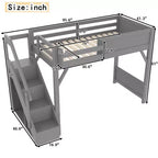 Letto a soppalco con armadio e spazio contenitivo integrati, struttura letto a soppalco in legno massello con mensole laterali, ringhiera a tutta lunghezza e scala.