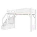 Letto a soppalco con armadio e spazio contenitivo integrati, struttura letto a soppalco in legno massello con mensole laterali, ringhiera a tutta lunghezza e scala.