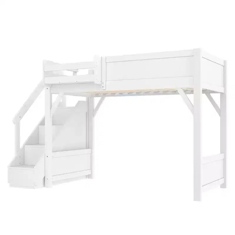 Loft Bed with Built-in Wardrobe and Storage Space,Solid Wood Loft Bed Frame with Beside Shelves, Full-length Guardrail and Stair,