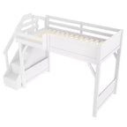 Letto a soppalco con armadio e spazio contenitivo integrati, struttura letto a soppalco in legno massello con mensole laterali, ringhiera a tutta lunghezza e scala.