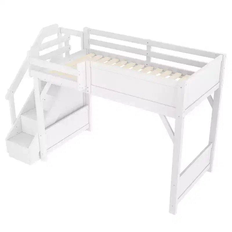 Loft Bed with Built-in Wardrobe and Storage Space,Solid Wood Loft Bed Frame with Beside Shelves, Full-length Guardrail and Stair,