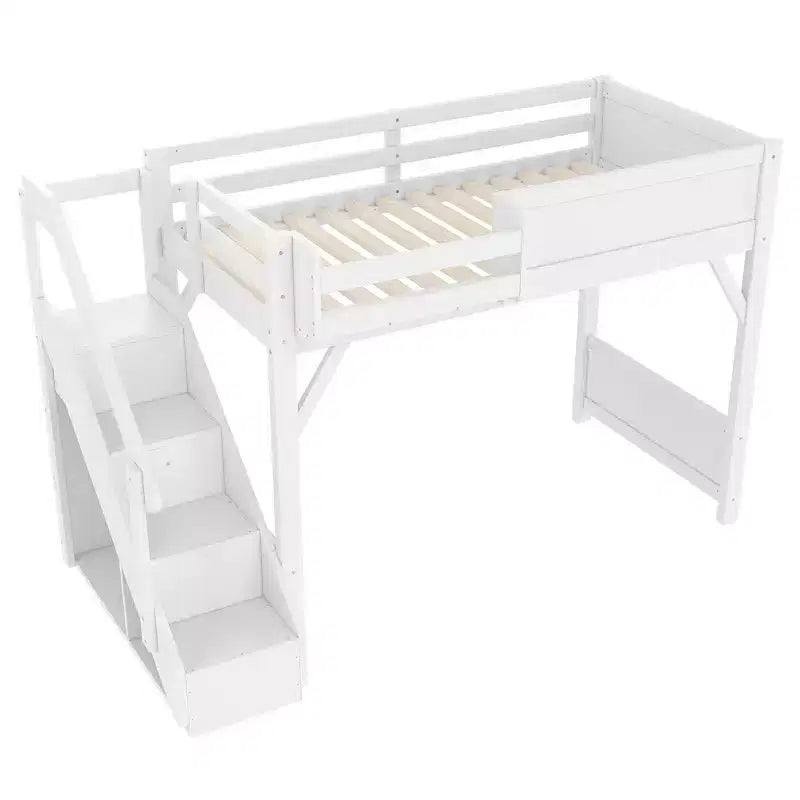 Loft Bed with Built-in Wardrobe and Storage Space,Solid Wood Loft Bed Frame with Beside Shelves, Full-length Guardrail and Stair,
