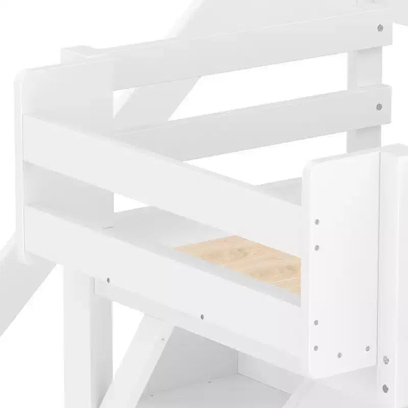 Loft Bed with Built-in Wardrobe and Storage Space,Solid Wood Loft Bed Frame with Beside Shelves, Full-length Guardrail and Stair,