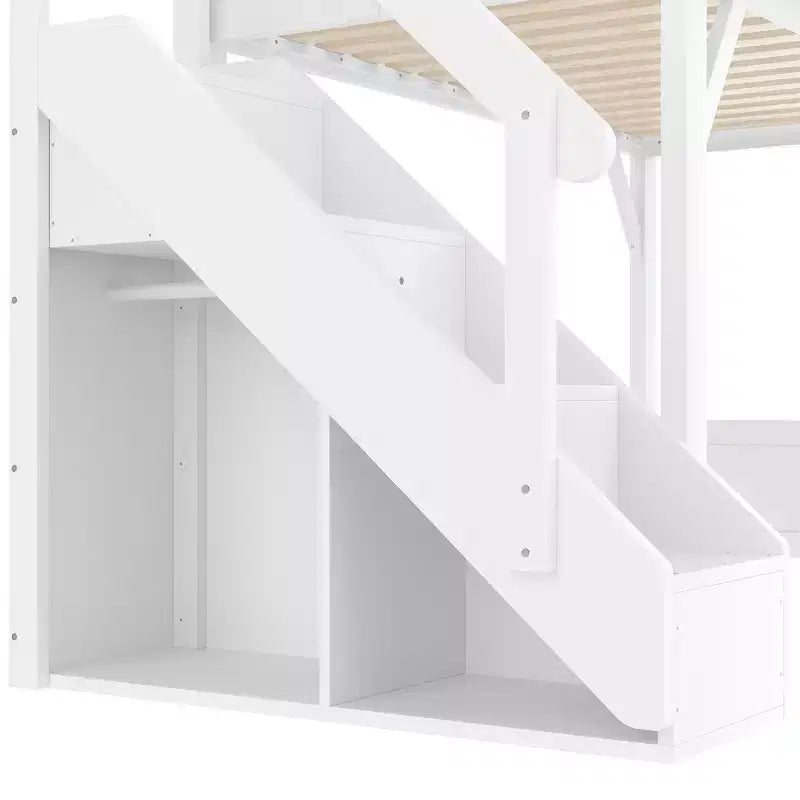 Loft Bed with Built-in Wardrobe and Storage Space,Solid Wood Loft Bed Frame with Beside Shelves, Full-length Guardrail and Stair,