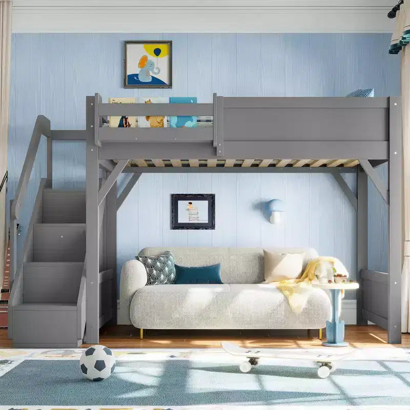 Loft Bed with Built-in Wardrobe and Storage Space,Solid Wood Loft Bed Frame with Beside Shelves, Full-length Guardrail and Stair,
