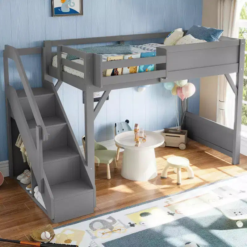 Loft Bed with Built-in Wardrobe and Storage Space,Solid Wood Loft Bed Frame with Beside Shelves, Full-length Guardrail and Stair,