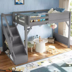 Letto a soppalco con armadio e spazio contenitivo integrati, struttura letto a soppalco in legno massello con mensole laterali, ringhiera a tutta lunghezza e scala.