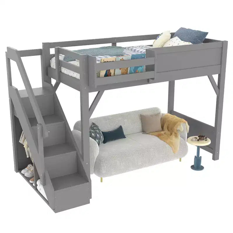 Loft Bed with Built-in Wardrobe and Storage Space,Solid Wood Loft Bed Frame with Beside Shelves, Full-length Guardrail and Stair,