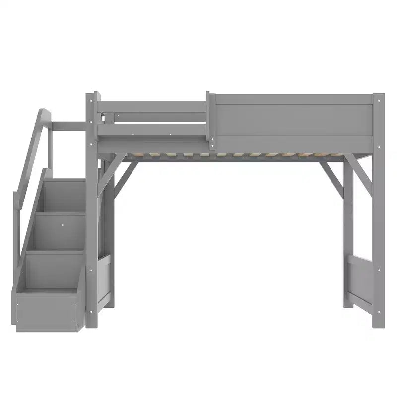 Loft Bed with Built-in Wardrobe and Storage Space,Solid Wood Loft Bed Frame with Beside Shelves, Full-length Guardrail and Stair,
