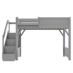 Letto a soppalco con armadio e spazio contenitivo integrati, struttura letto a soppalco in legno massello con mensole laterali, ringhiera a tutta lunghezza e scala.