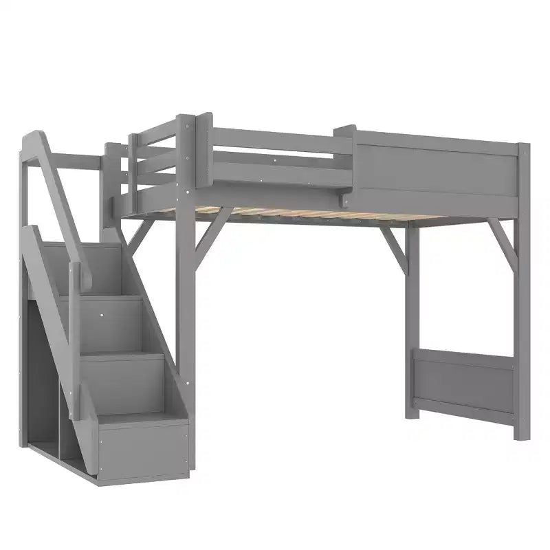 Loft Bed with Built-in Wardrobe and Storage Space,Solid Wood Loft Bed Frame with Beside Shelves, Full-length Guardrail and Stair,