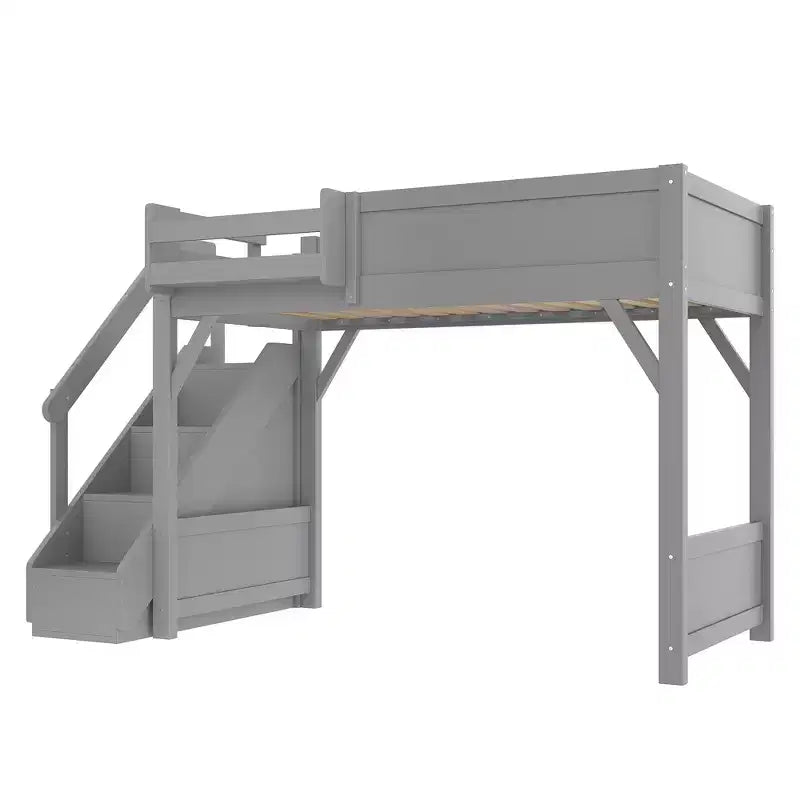 Loft Bed with Built-in Wardrobe and Storage Space,Solid Wood Loft Bed Frame with Beside Shelves, Full-length Guardrail and Stair,