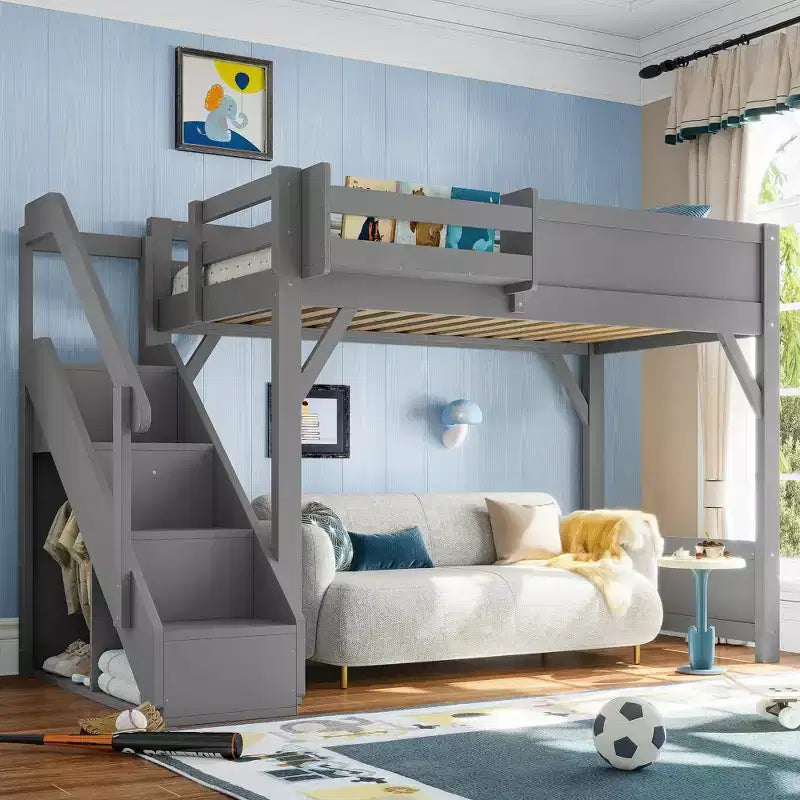  Loft Bed with Built-in Wardrobe and Storage Space,Solid Wood Loft Bed Frame with Beside Shelves, Full-length Guardrail and Stair,