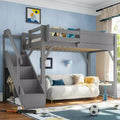  Loft Bed with Built-in Wardrobe and Storage Space,Solid Wood Loft Bed Frame with Beside Shelves, Full-length Guardrail and Stair,