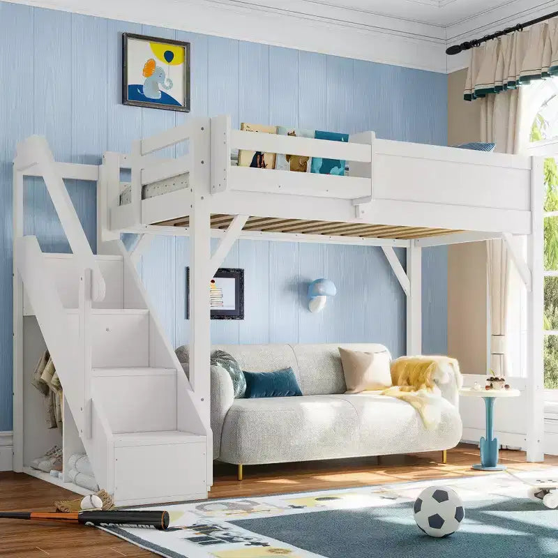 Loft Bed with Built-in Wardrobe and Storage Space,Solid Wood Loft Bed Frame with Beside Shelves, Full-length Guardrail and Stair,