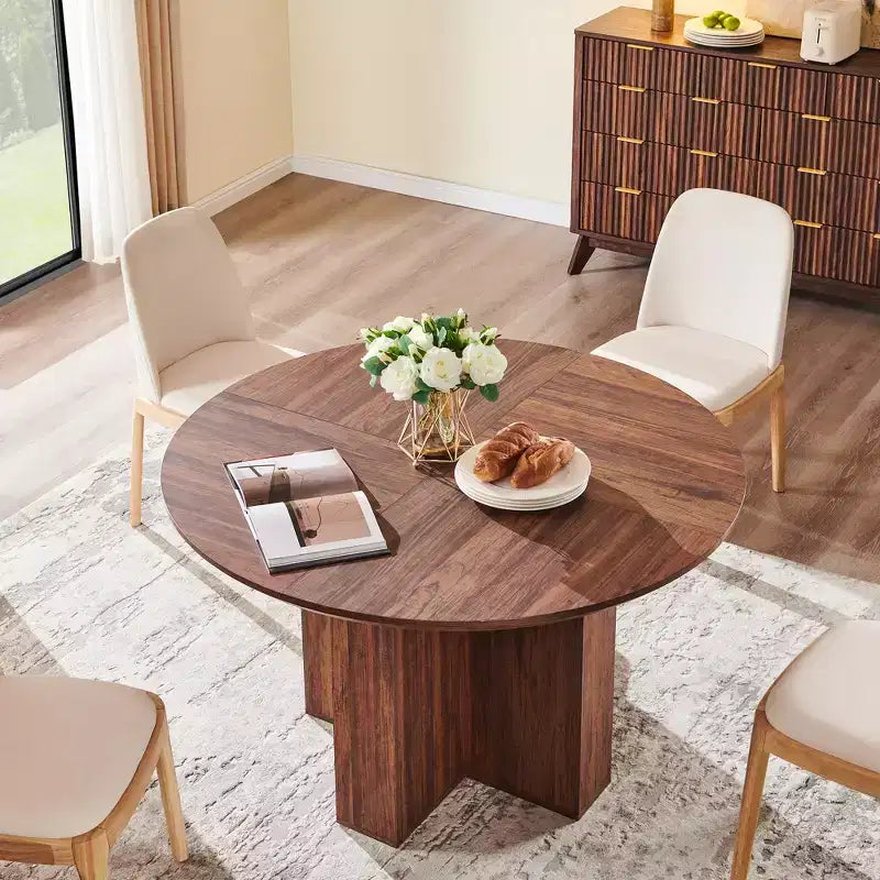 47 Round Dining Table for 4-6, Modern Kitchen Table with Sturdy Cross Base, Circle Dining Room Furniture for Kitchen Living Room