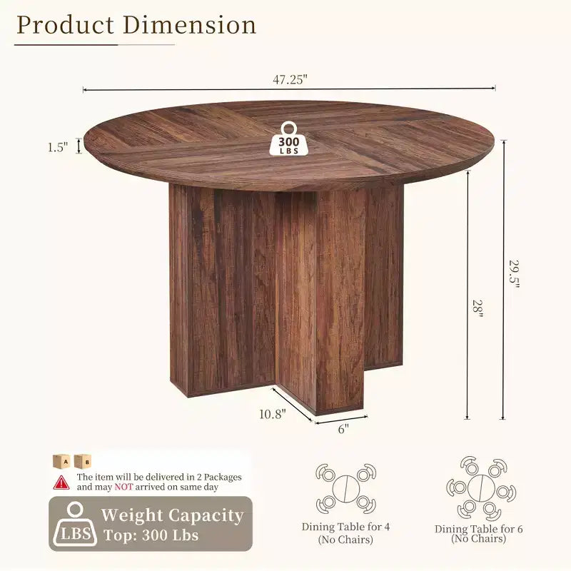 47 Round Dining Table for 4-6, Modern Kitchen Table with Sturdy Cross Base, Circle Dining Room Furniture for Kitchen Living Room