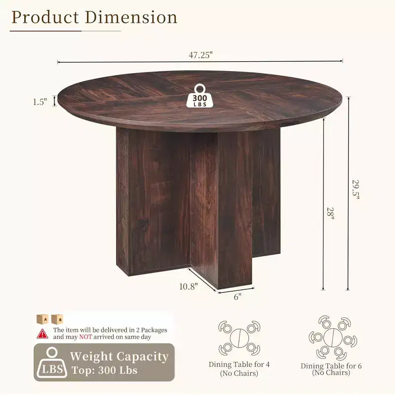 47 Round Dining Table for 4-6, Modern Kitchen Table with Sturdy Cross Base, Circle Dining Room Furniture for Kitchen Living Room