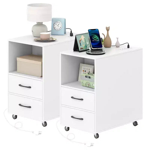  2PCS End Table w/Built-in Charging Station USB Ports Outlets 2 Drawers 3 Shelves White