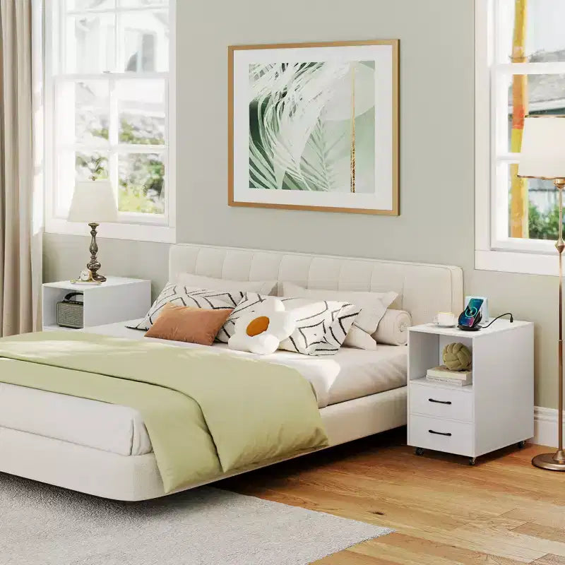 2PCS End Table w/Built-in Charging Station USB Ports Outlets 2 Drawers 3 Shelves White