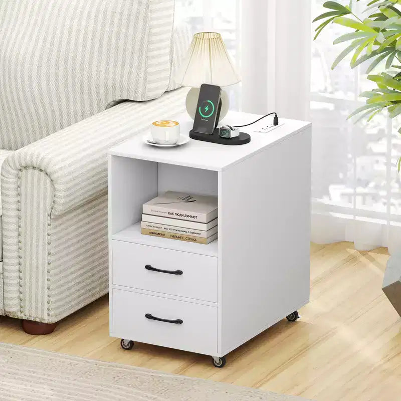 2PCS End Table w/Built-in Charging Station USB Ports Outlets 2 Drawers 3 Shelves White