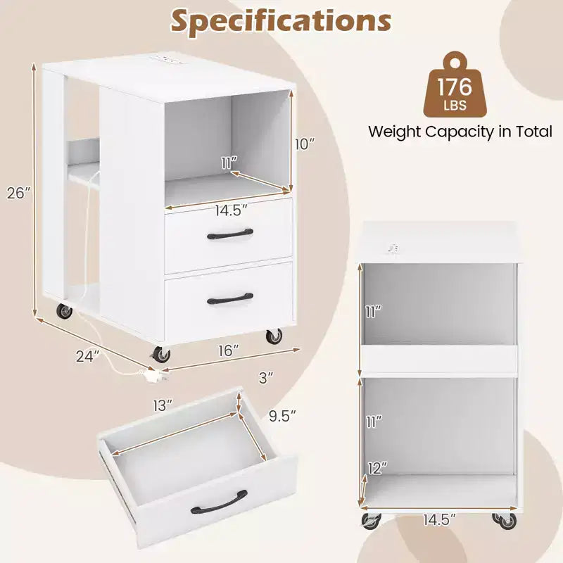 2PCS End Table w/Built-in Charging Station USB Ports Outlets 2 Drawers 3 Shelves White