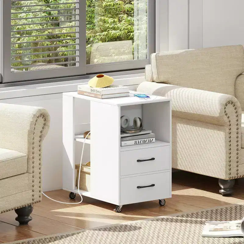 2PCS End Table w/Built-in Charging Station USB Ports Outlets 2 Drawers 3 Shelves White