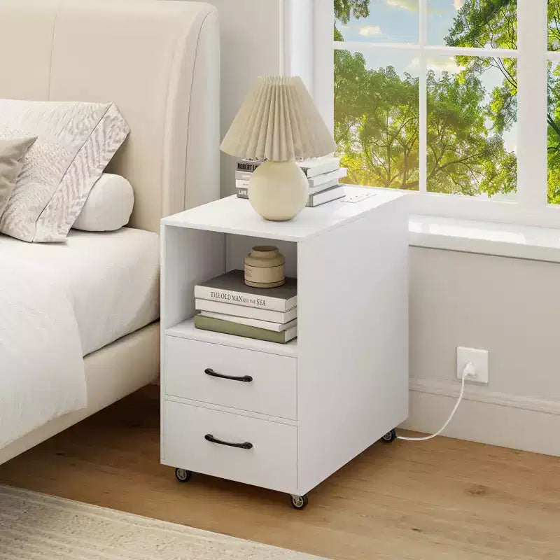 2PCS End Table w/Built-in Charging Station USB Ports Outlets 2 Drawers 3 Shelves White