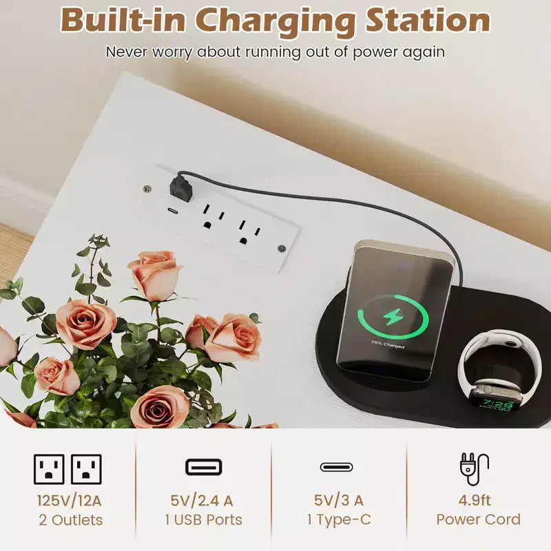 2PCS End Table w/Built-in Charging Station USB Ports Outlets 2 Drawers 3 Shelves White
