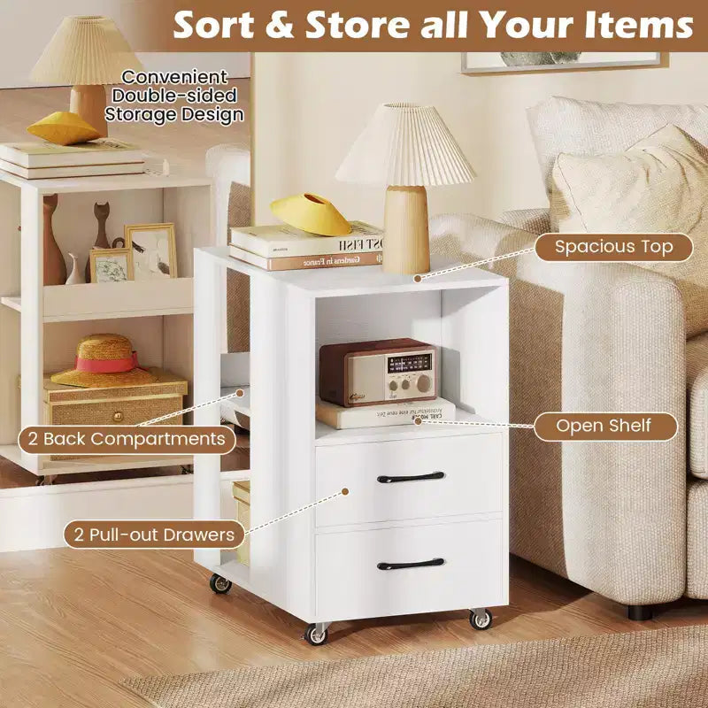 2PCS End Table w/Built-in Charging Station USB Ports Outlets 2 Drawers 3 Shelves White