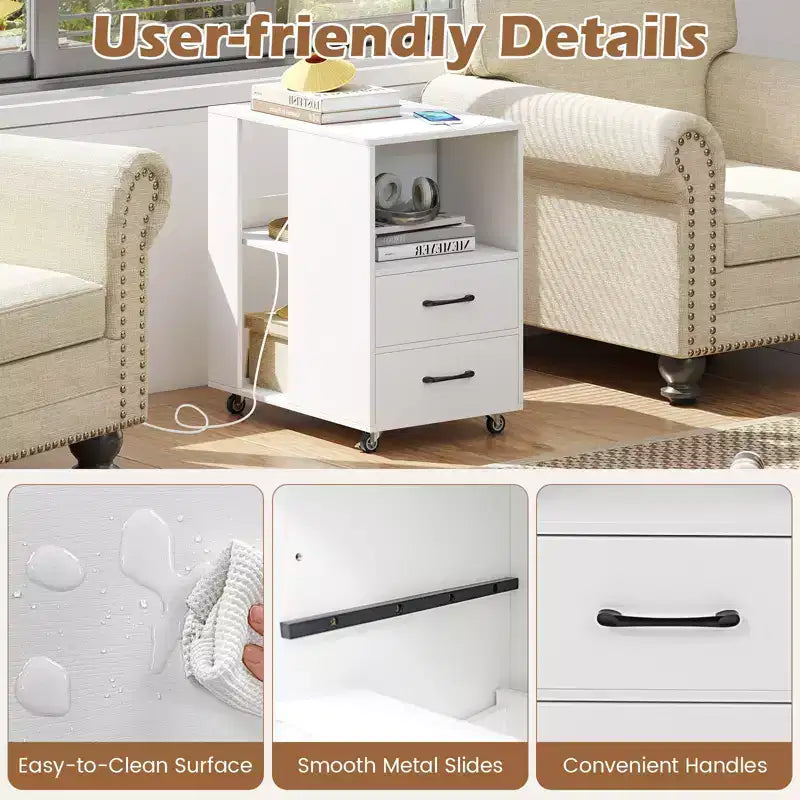 2PCS End Table w/Built-in Charging Station USB Ports Outlets 2 Drawers 3 Shelves White