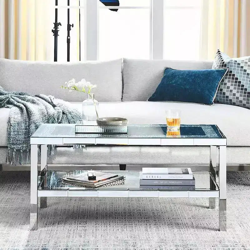 Modern Coffee Table 2-Layer Crystal Mirror Stainless Steel Frame with 4 Mirror Faced Stainless Steel Legs for Home Office Living Room