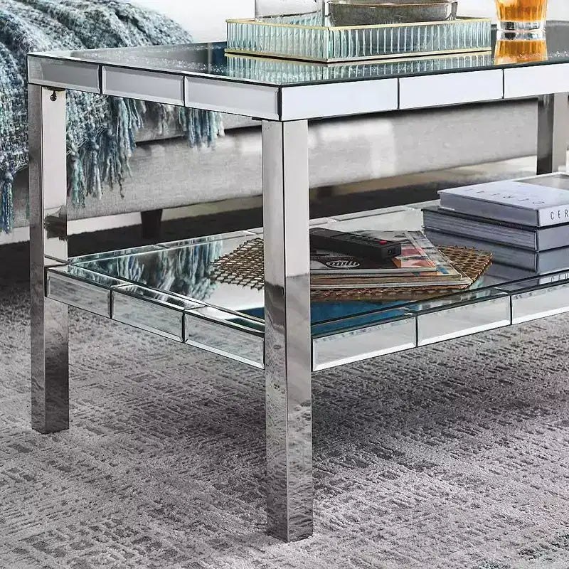 Modern Coffee Table 2-Layer Crystal Mirror Stainless Steel Frame with 4 Mirror Faced Stainless Steel Legs for Home Office Living Room
