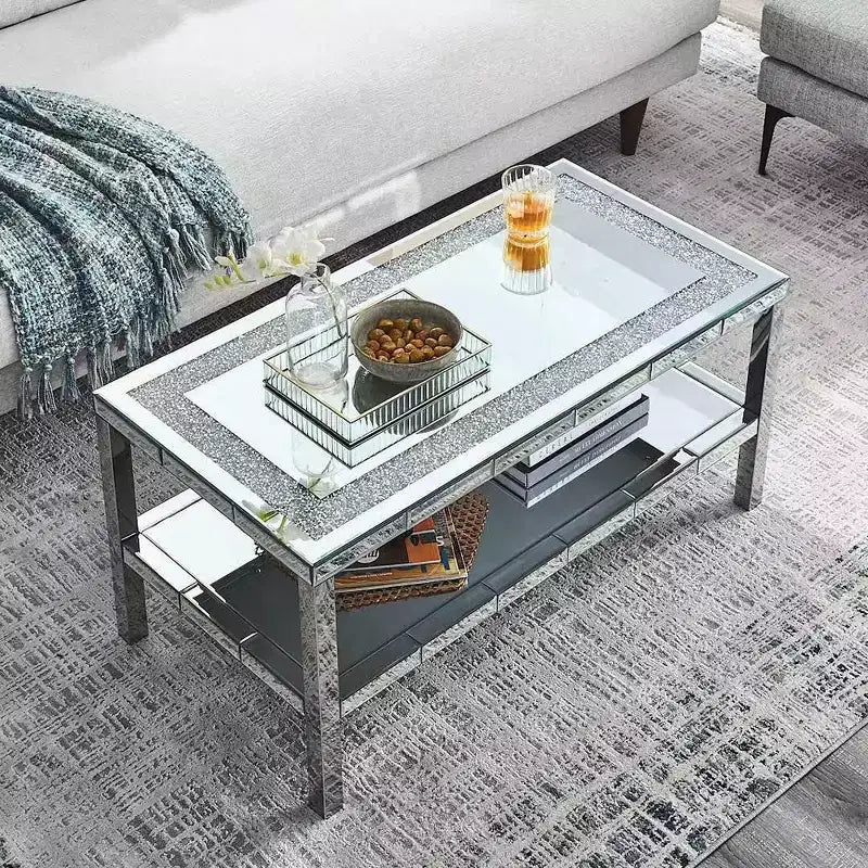 Modern Coffee Table 2-Layer Crystal Mirror Stainless Steel Frame with 4 Mirror Faced Stainless Steel Legs for Home Office Living Room