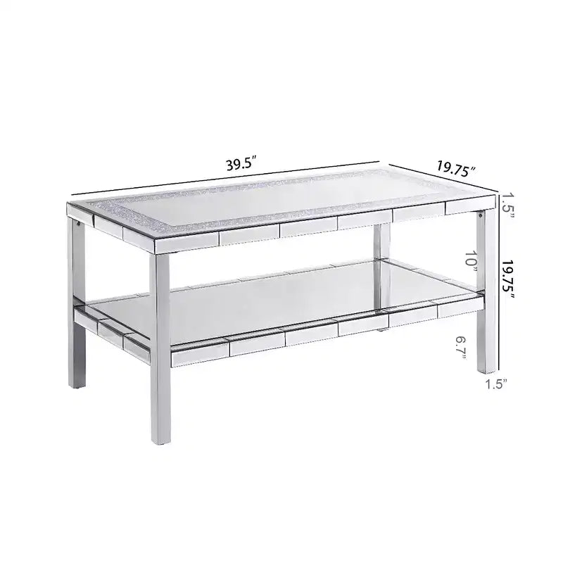 Modern Coffee Table 2-Layer Crystal Mirror Stainless Steel Frame with 4 Mirror Faced Stainless Steel Legs for Home Office Living Room