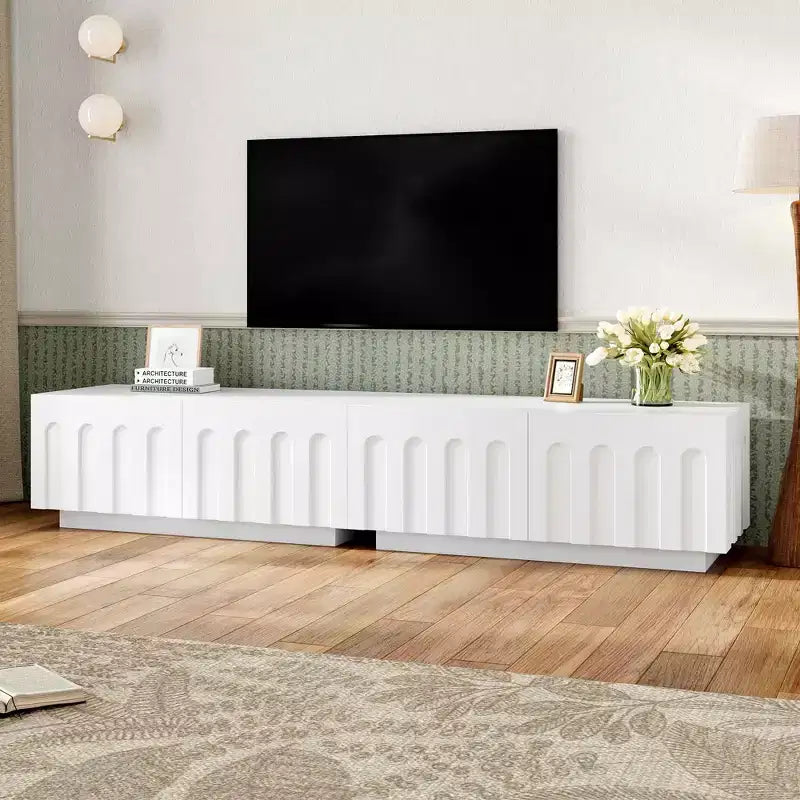  White Elegant TV Stand, Arched Design Media Console with 4 Drawers for 80 TVs