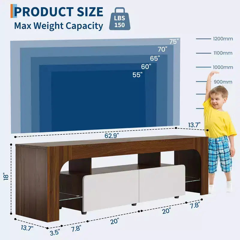 Modern LED TV Stand for TVs up to 70 Inch C White Wooden Entertainment Console with RGB Lighting, 2 Drawers, Adjustable Transparent Shelves