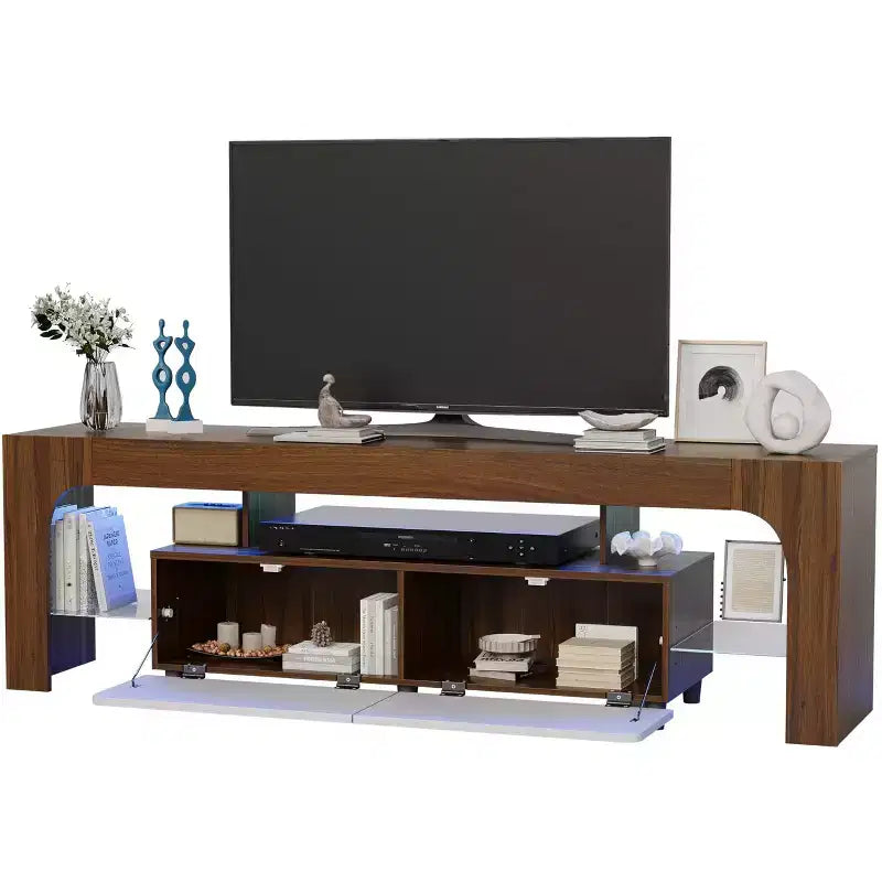 Modern LED TV Stand for TVs up to 70 Inch C White Wooden Entertainment Console with RGB Lighting, 2 Drawers, Adjustable Transparent Shelves