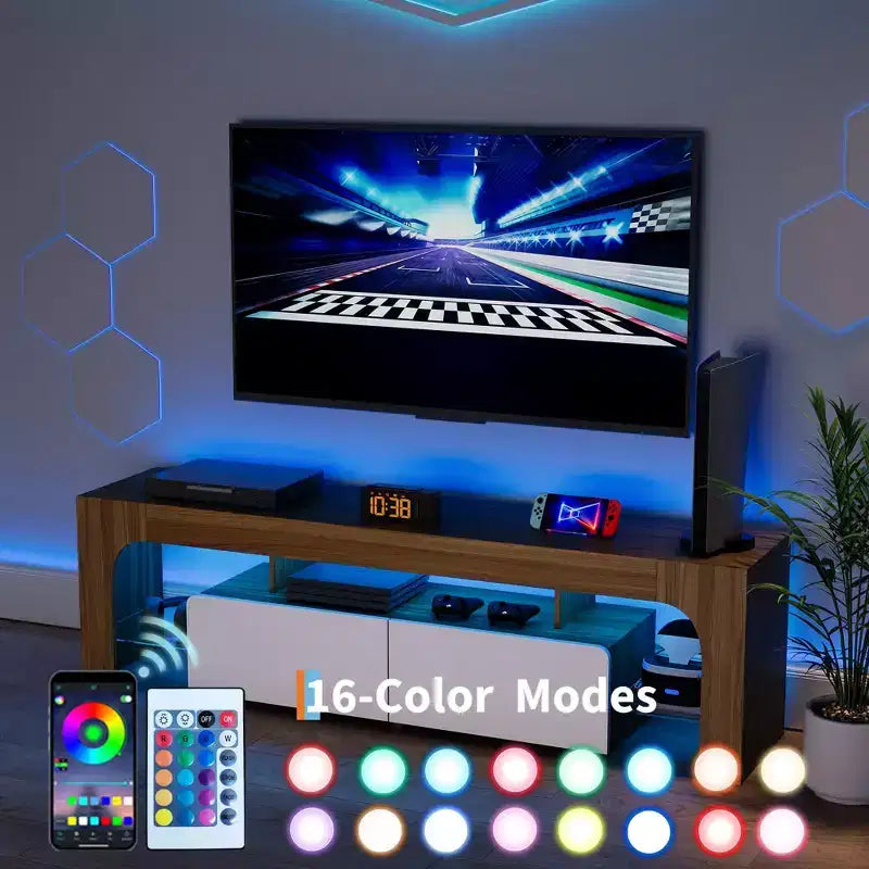 Modern LED TV Stand for TVs up to 70 Inch C White Wooden Entertainment Console with RGB Lighting, 2 Drawers, Adjustable Transparent Shelves