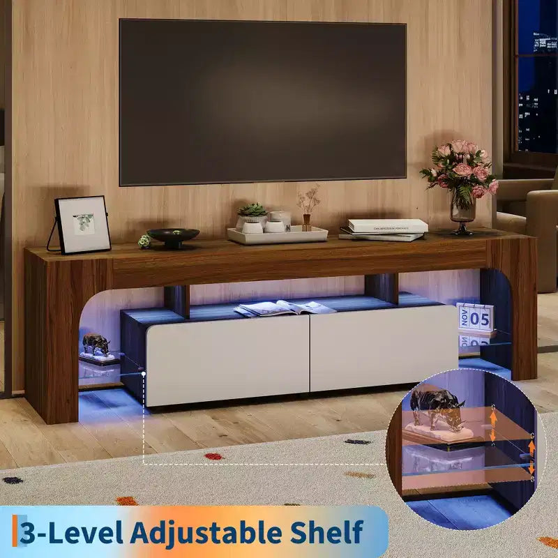 Modern LED TV Stand for TVs up to 70 Inch C White Wooden Entertainment Console with RGB Lighting, 2 Drawers, Adjustable Transparent Shelves