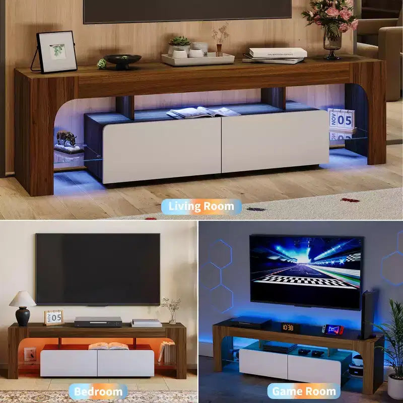 Modern LED TV Stand for TVs up to 70 Inch C White Wooden Entertainment Console with RGB Lighting, 2 Drawers, Adjustable Transparent Shelves